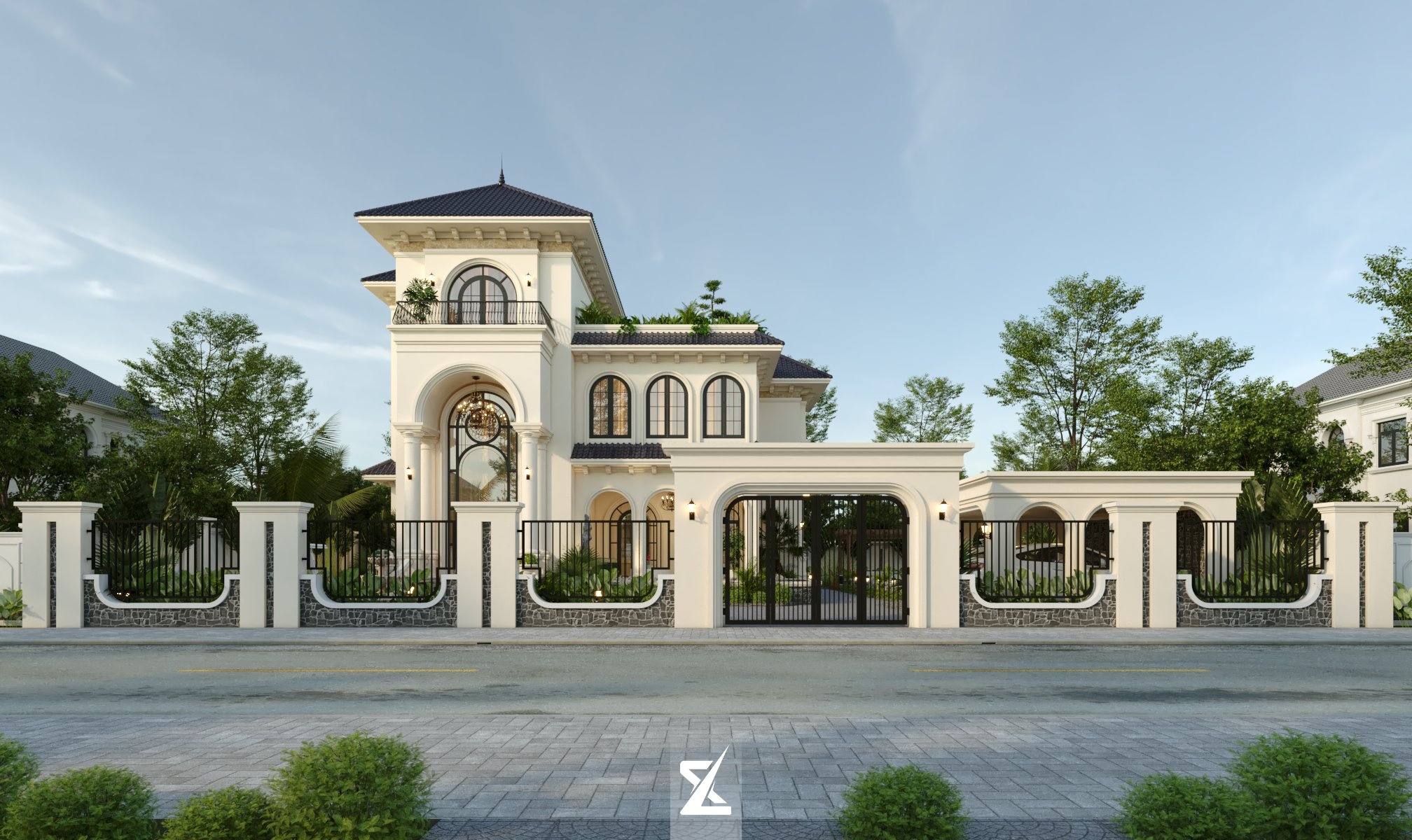 Phối cảnh chính diện toàn cảnh Stella Maris Villa qua hệ cổng và tường rào tân cổ điển thanh thoát