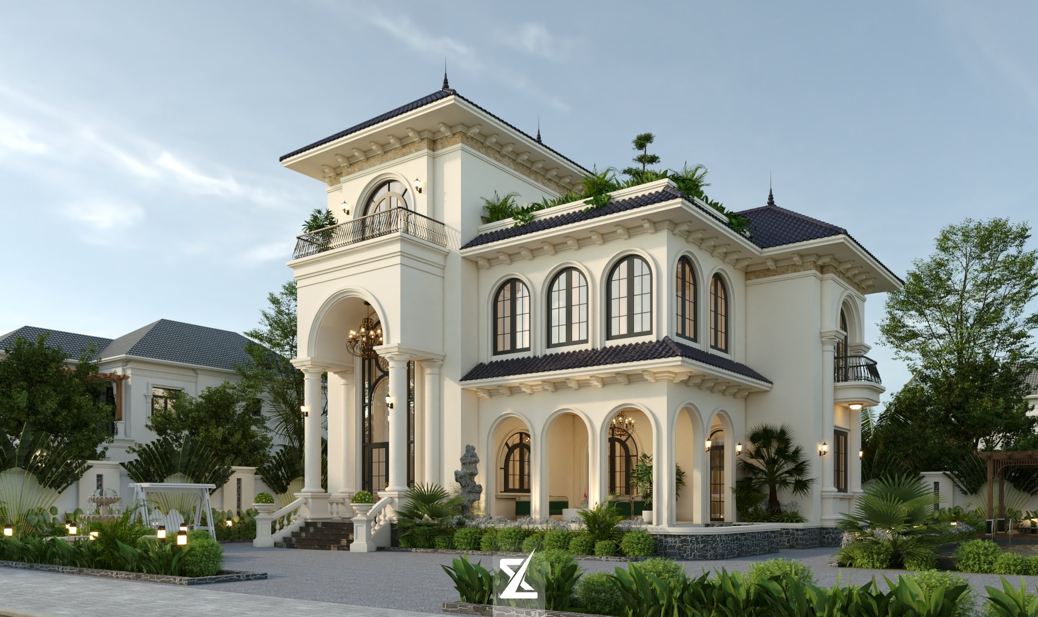 Phối cảnh góc nhìn ba phần tư làm nổi bật tháp lầu vọng cảnh mái ngói Địa Trung Hải và ban công hoa sắt uốn lượn