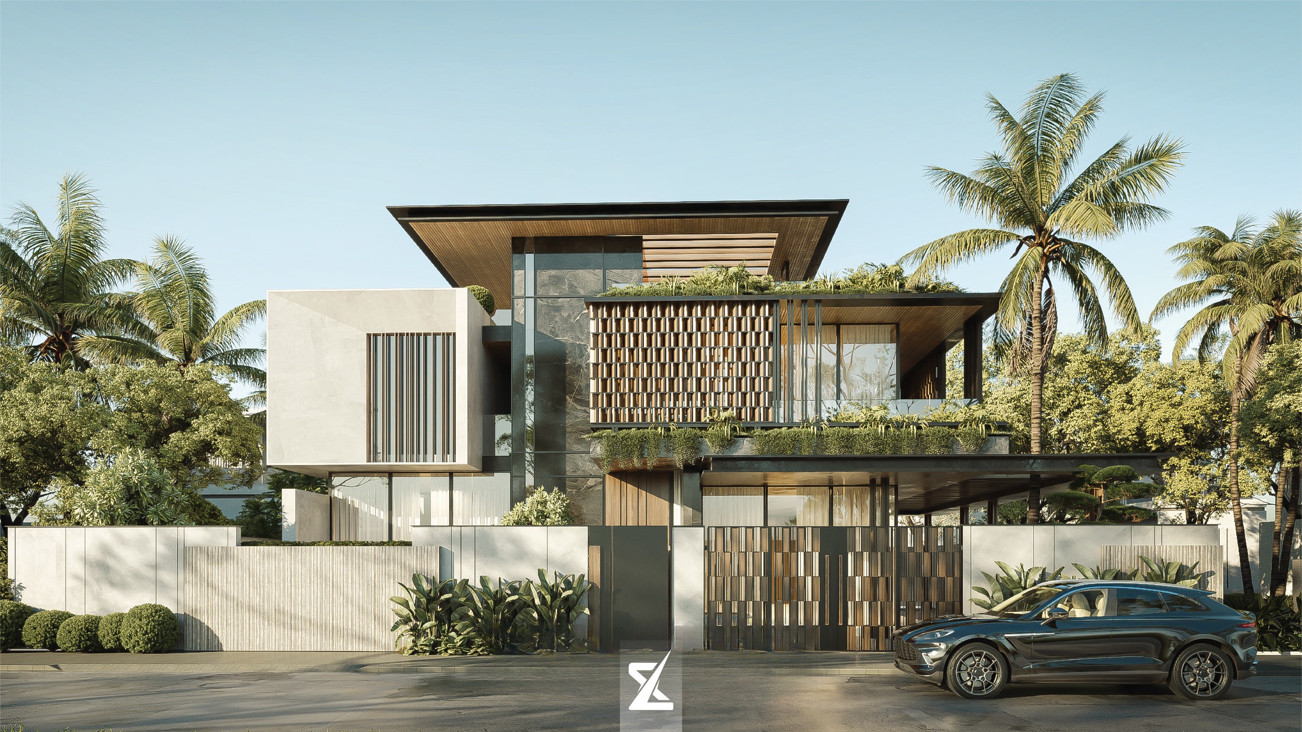 Phối cảnh toàn cảnh mặt tiền The Zenith Villa 12x18m với kiến trúc hiện đại nhiệt đới vươn vươn đẳng cấp