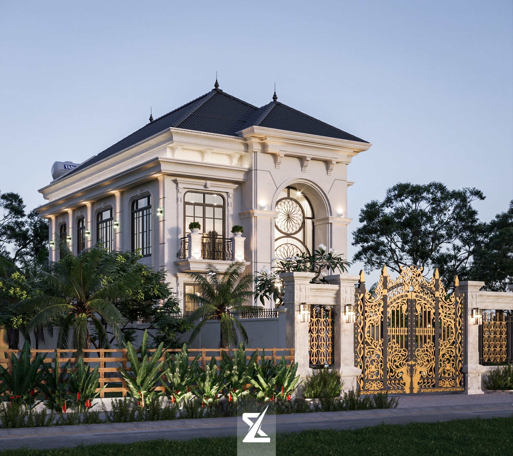 Phối cảnh chính diện bề thế của Nephrite Villa với cổng nhôm đúc mạ vàng hoàng gia và mái Nhật thanh lịch