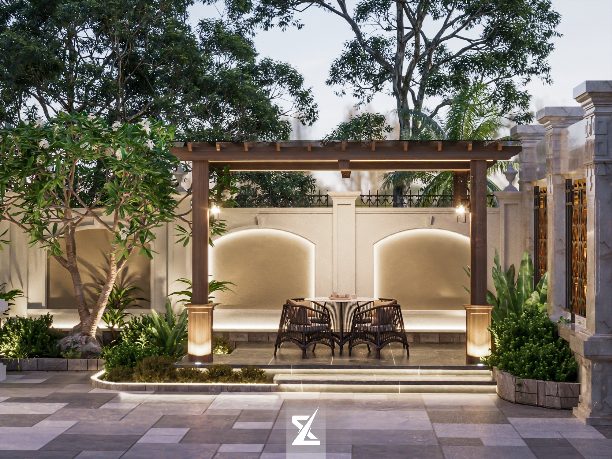 Không gian chòi nghỉ pergola sân vườn sang trọng dành cho những buổi thưởng trà thư giãn