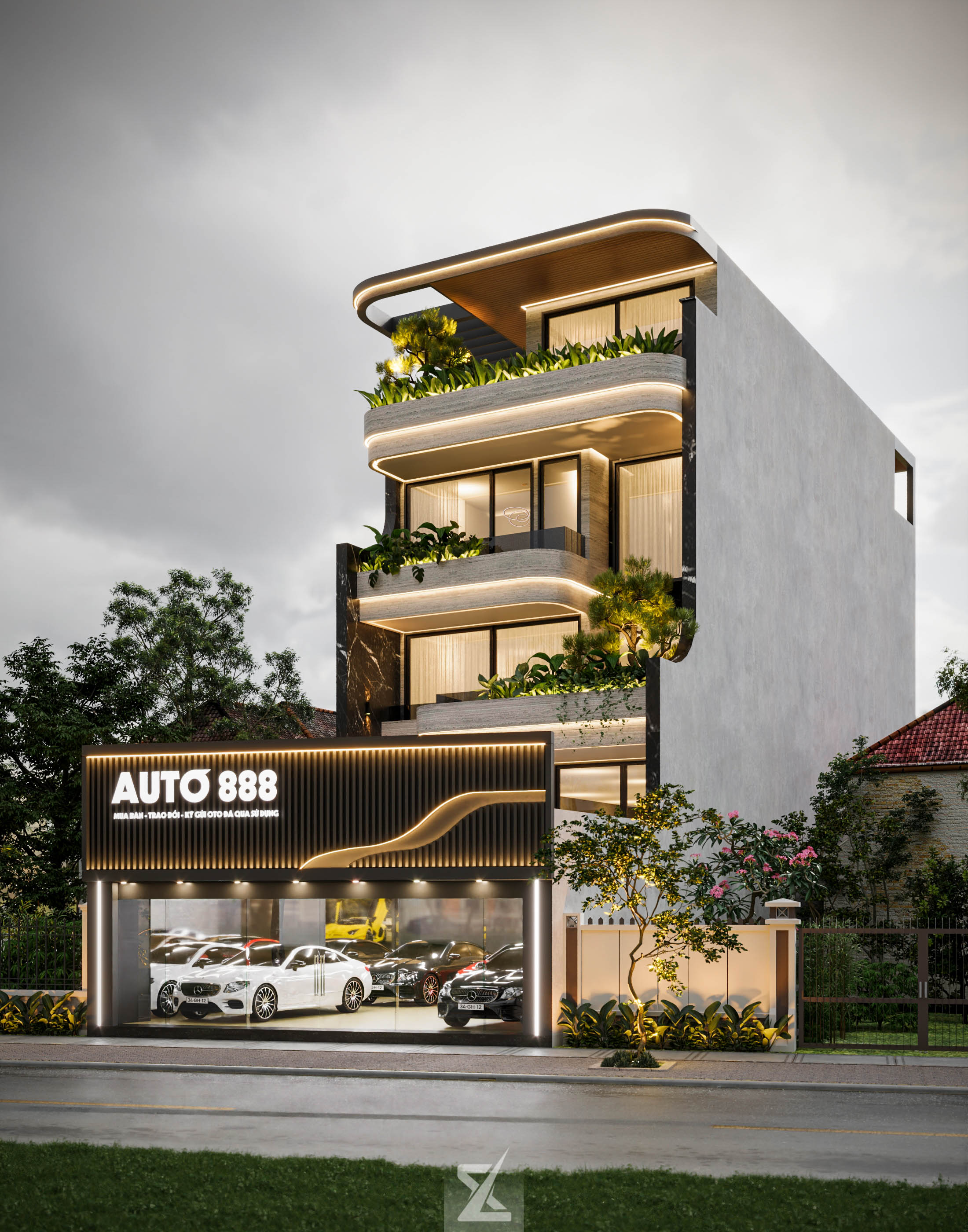 Phối cảnh tổng thể mặt tiền 8.3m của công trình Auto 88 với showroom trưng bày xe sang và 3 tầng nhà ở tiện nghi