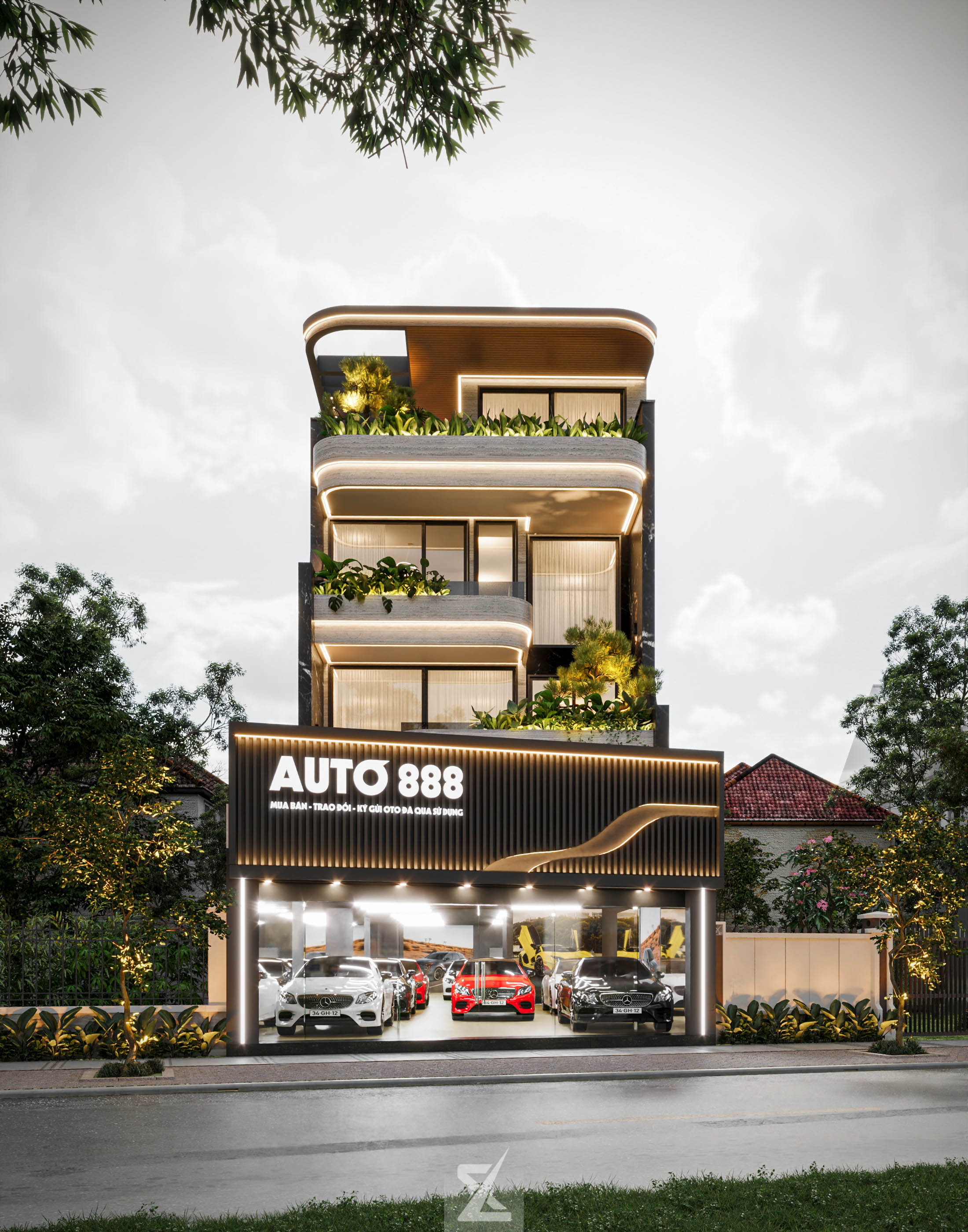 Chi tiết vật liệu ốp đá cao cấp và lam gỗ ngoài trời tôn vinh vẻ đẹp kiến trúc bền vững
