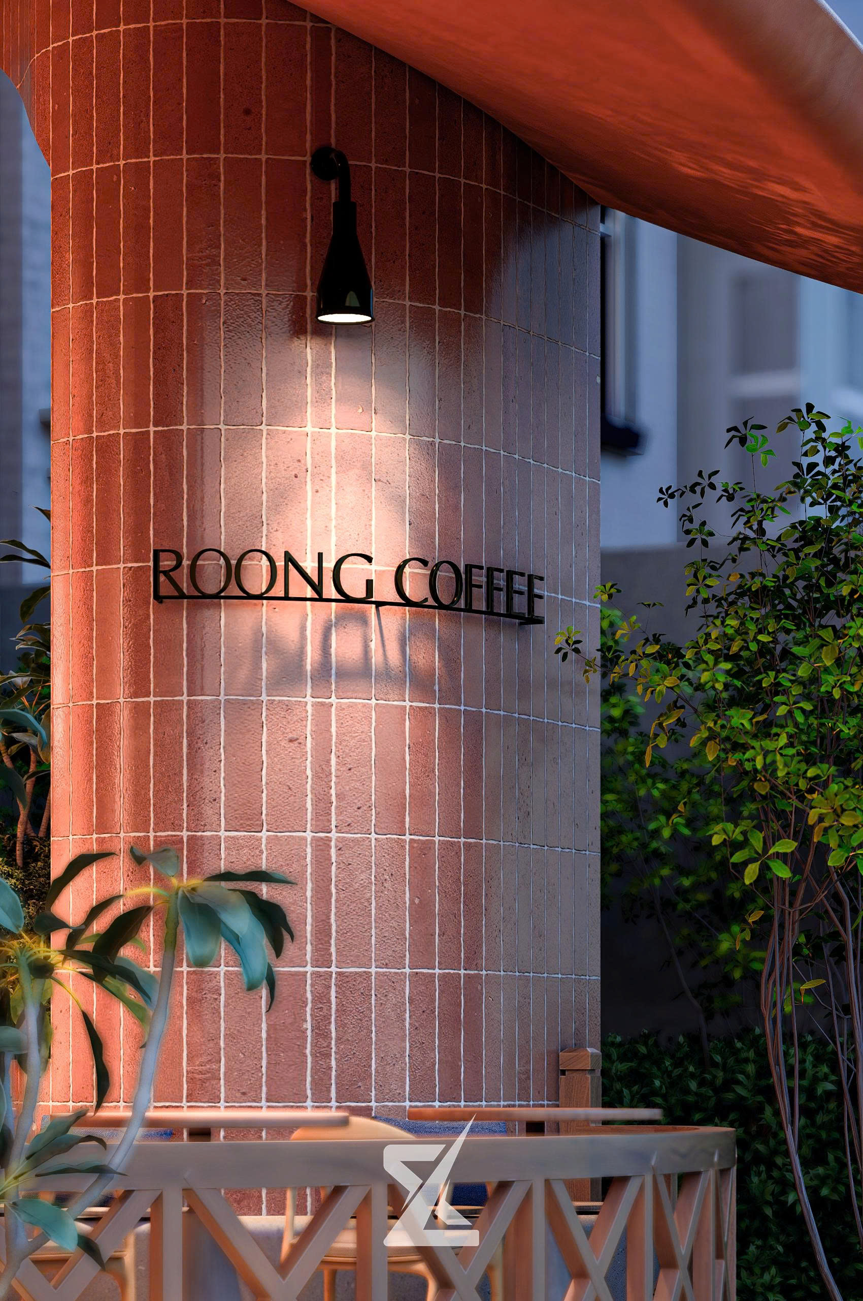 Chi tiết biển hiệu thương hiệu Roong Coffee gắn trên trụ gạch thẻ cong độc đáo và tinh tế