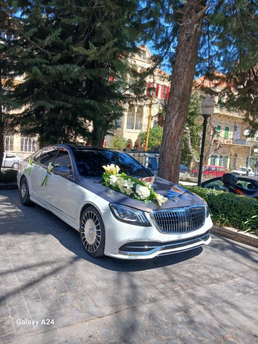 Two-tone Mercedes-Maybach decorated with white flowers on a tree-lined street