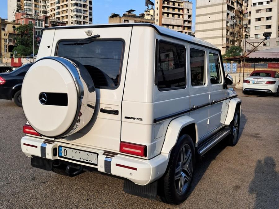 Rear view of the white Mercedes-Benz G-Class with its spare wheel, in Downtown Beirut