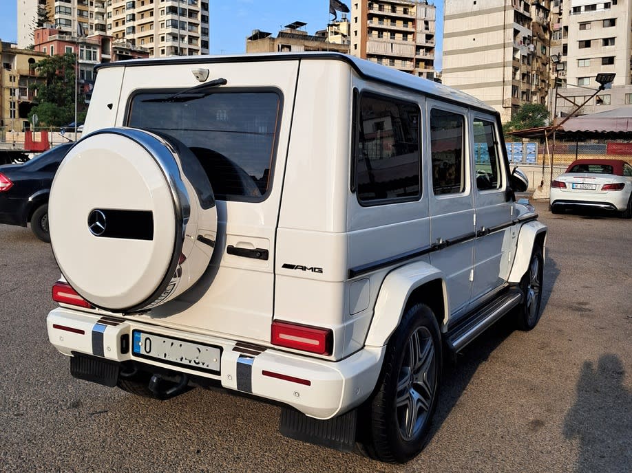Rear view of the white Mercedes-Benz G-Class with its spare wheel, in Downtown Beirut