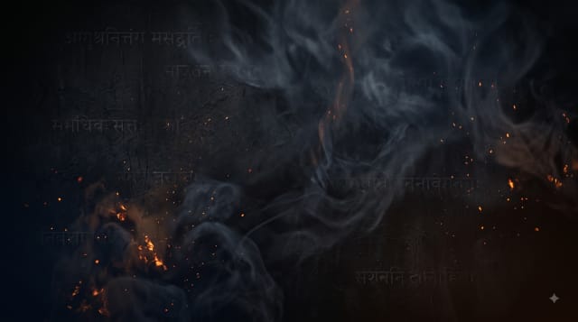 Aghori cremation ground at twilight with smoke rising from funeral pyres