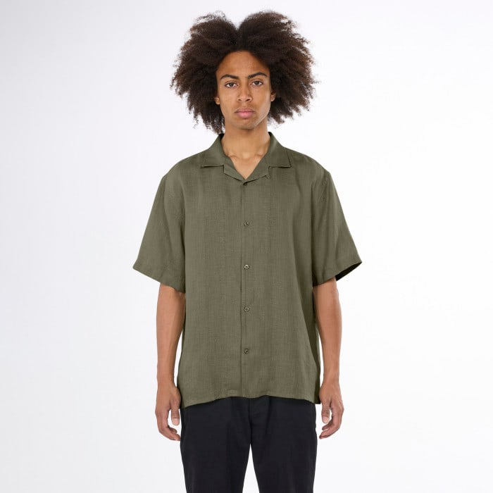 Box Fit Short Sleeved Linen Shirt burned olive