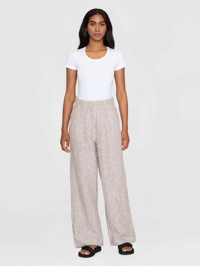 Posey Wide Mid-Rise Striped Linen Pants brown stripe