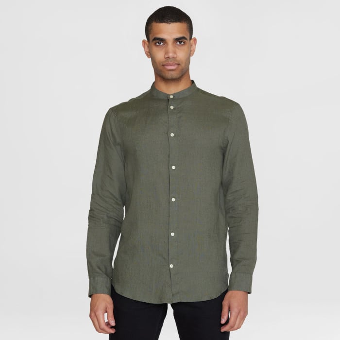 Regular Linen Stand Collar Shirt burned olive