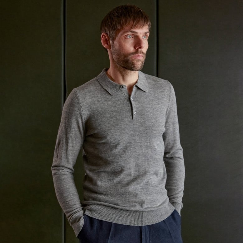 Kaspar Longsleeve Polo eco merino melange grey