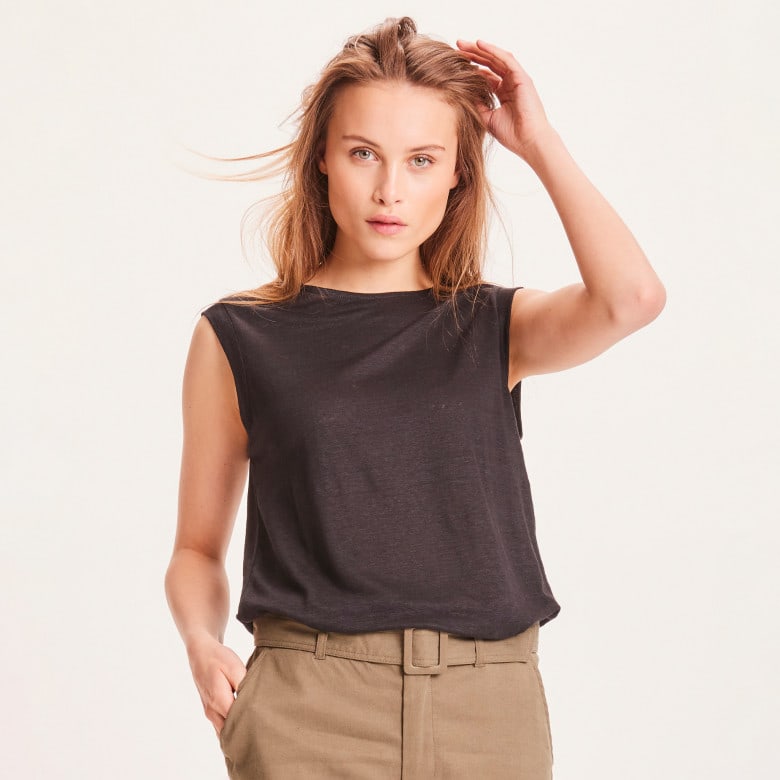 Violet Loose Fold Up Linen T-Shirt black jet