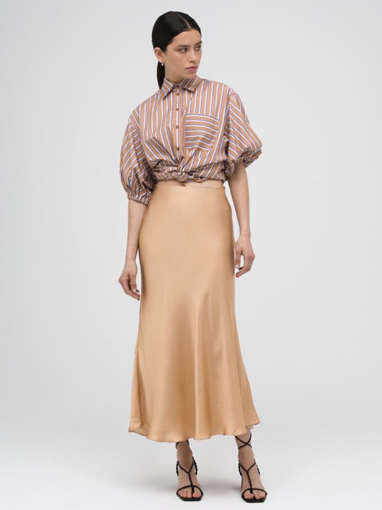 Midi Bias Cut Satin Skirt Tan