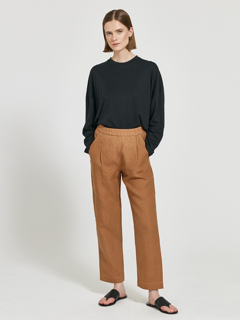 Dara Elastic Waist Linen Trousers Cognac