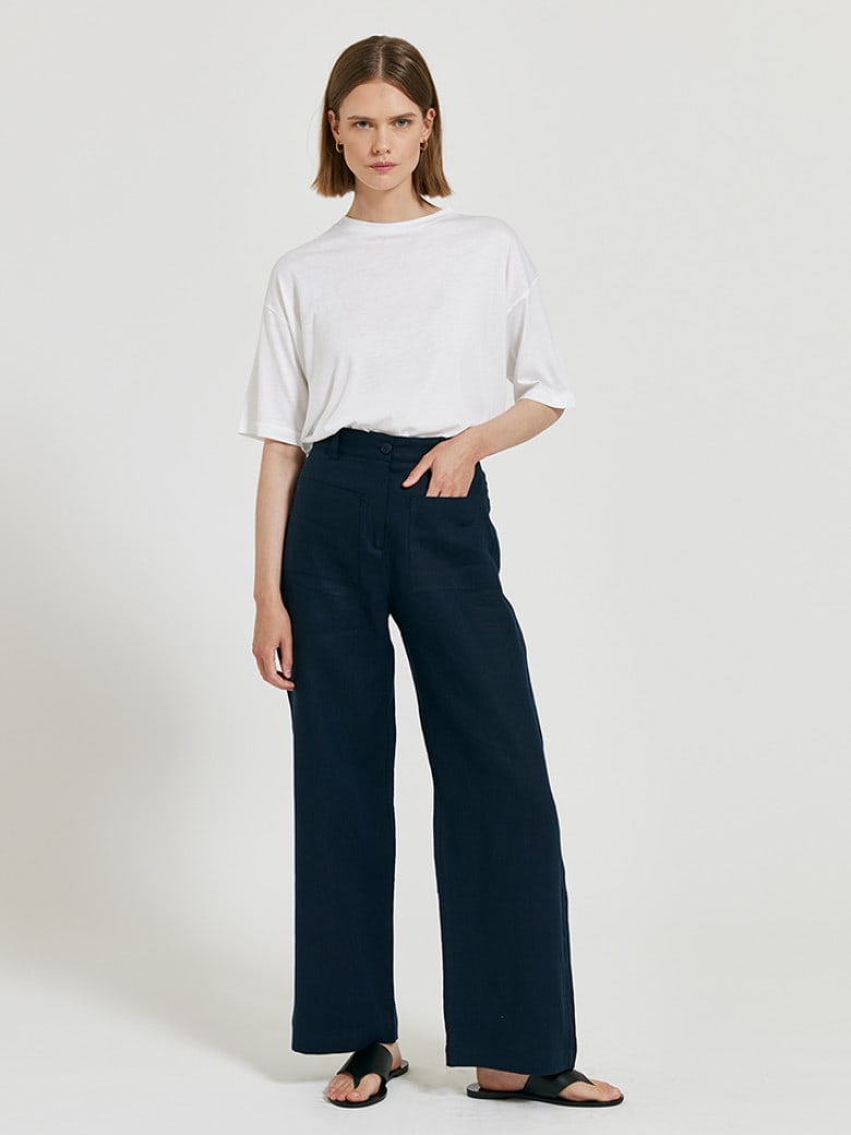 Liza Wide Leg Linen Trousers Dark Blue