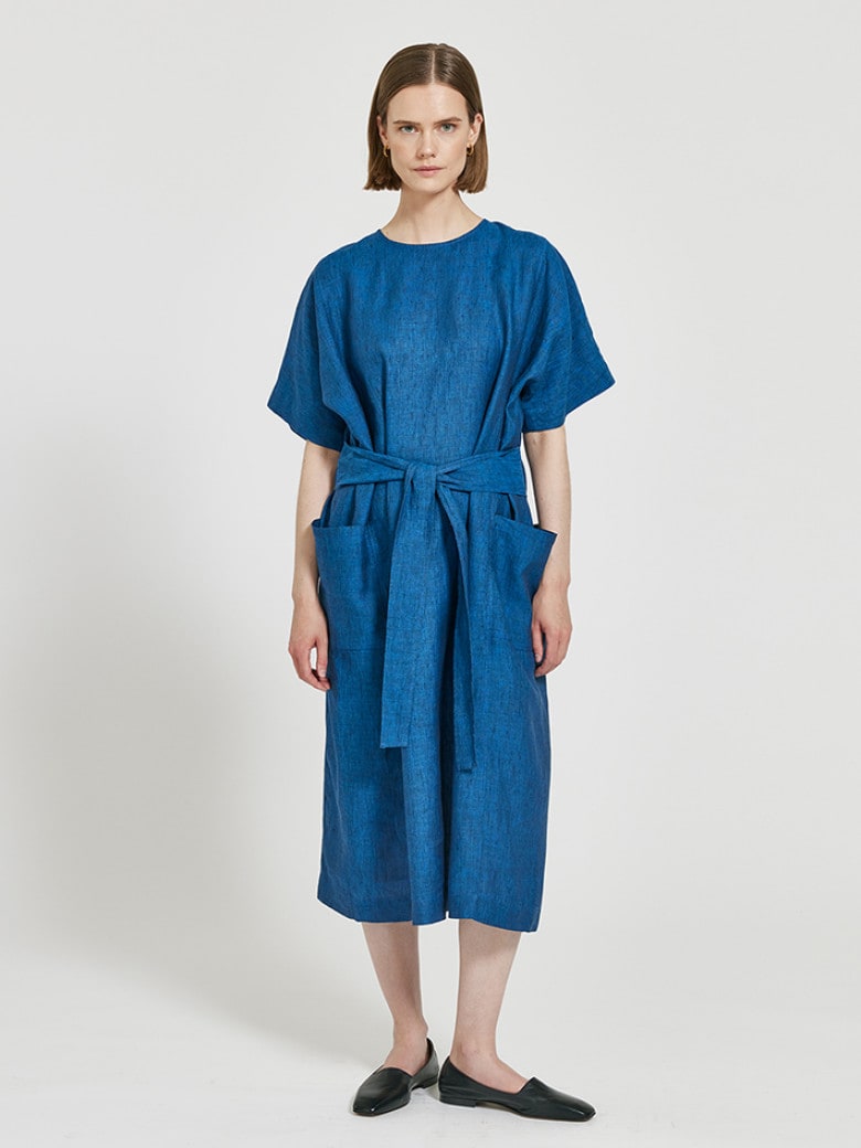 Mari Belted Linen Dress Deep Night Blue