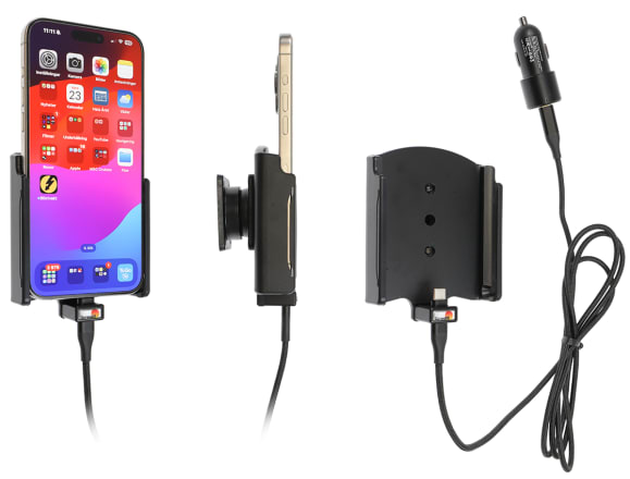 Active holder with USB-cable and cig-plug adapter for Apple iPhone 15 Pro Max