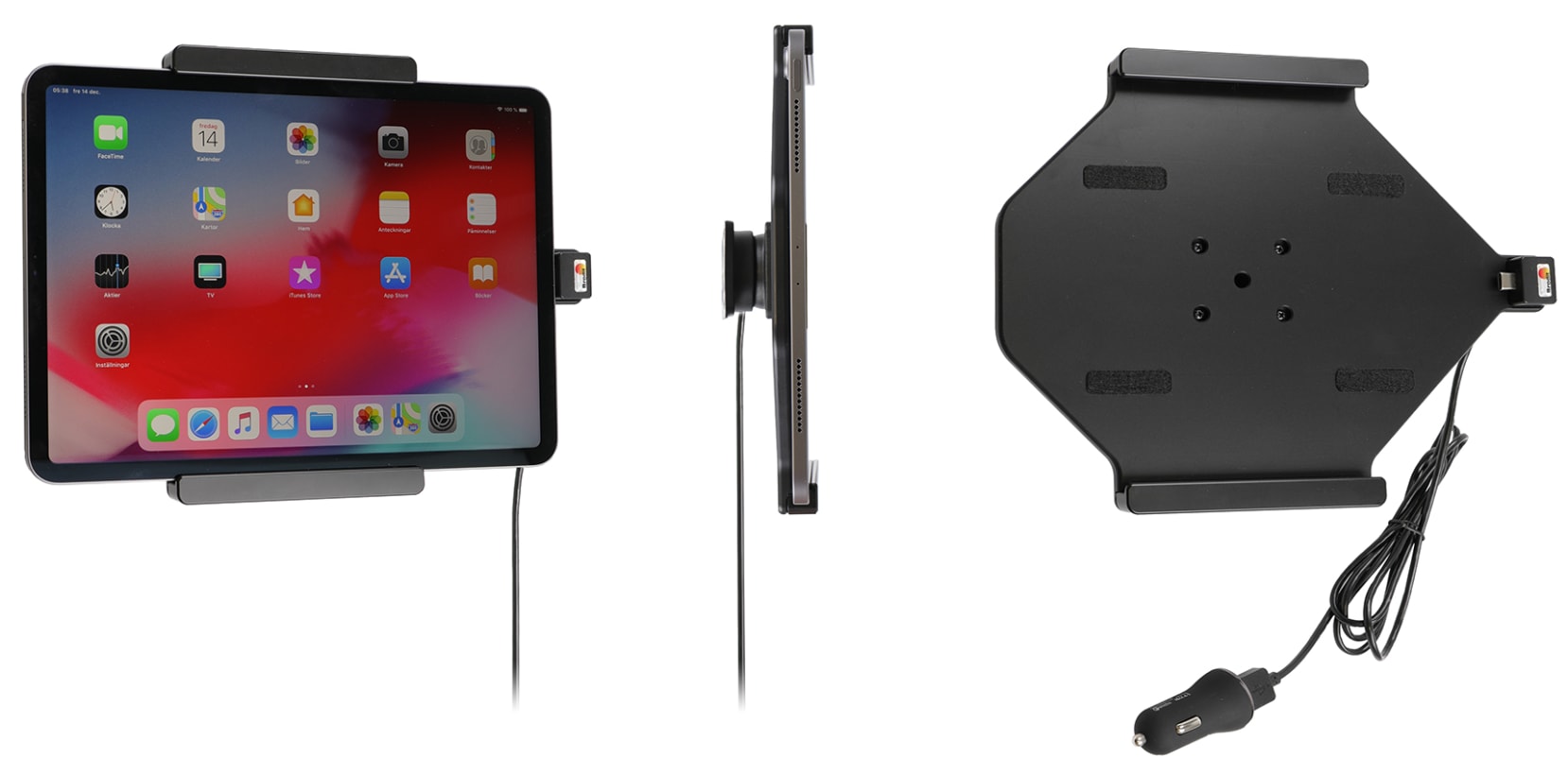 Active holder with USB-cable and cig-plug adapter for Apple iPad