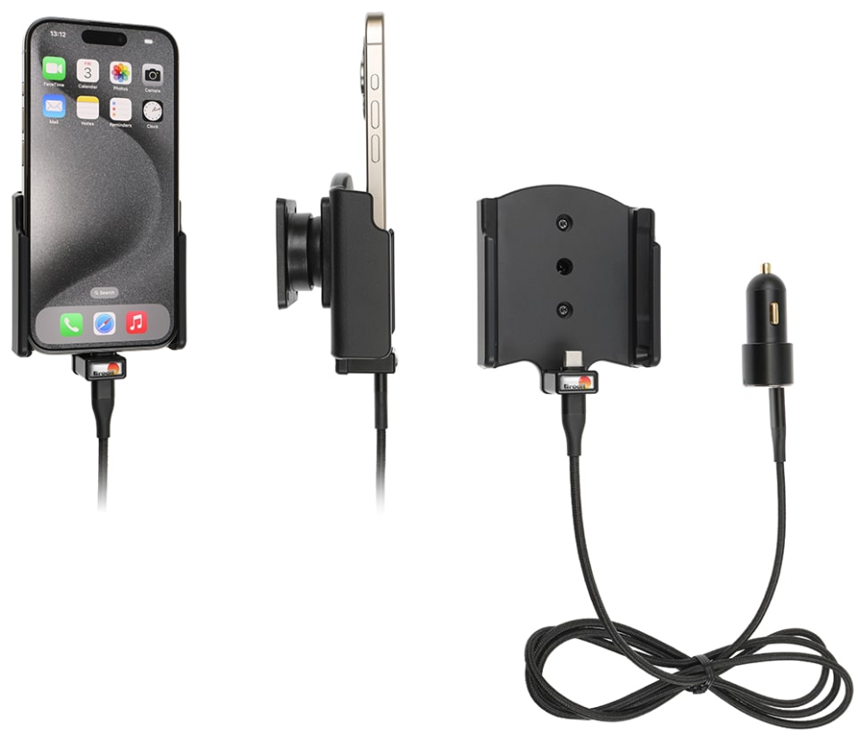 Active holder with USB-cable and cig-plug adapter for Apple iPhone 15 Pro