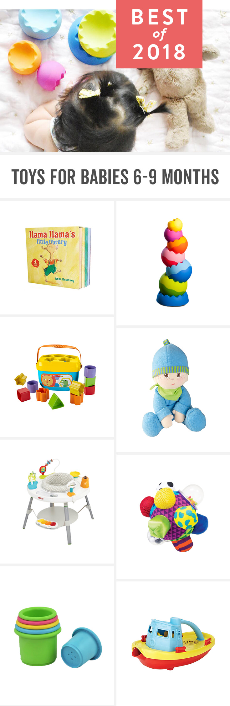 Babies start to develop a real interest in the world around 6 months and grow quickly emotionally, physically and cognitively between then and 9 months. These play toys for baby can help foster that development.