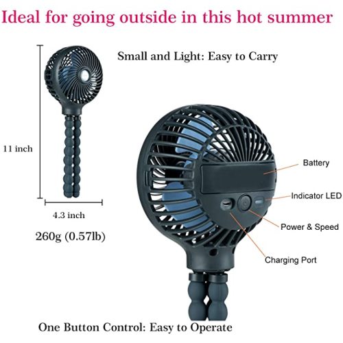 Safe Quiet and Long Lasting Charge Pink Handheld Personal Portable Fan with Flexible Tripod for Stroller Student Bed Desk Bike Crib Car Rides USB or Battery Powered Mini Baby Stroller Fan