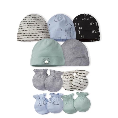 Gerber Baby Boys 9 Piece Cap 0-6M 0-3M and Mitten Bundle Safari Newborn