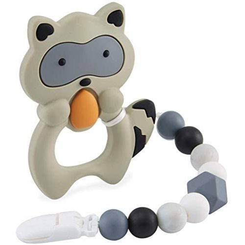 Gray Raccoon Design for Boys and Girls Silicone Teethers with Relief Beads Binky Holder and Pacifier Clips Baby Teething Toys for 0-6 6-12 Months Babies