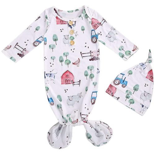 Newborn Baby Girl Boy Nightgowns Organic Cotton Gowns Knotted Sleeping Bag with Hat Coming Home Outfit for Unisex Baby