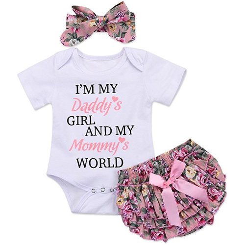 Goldweather Infant Baby Girls Boys Letter Print Ruffles Romper Bodysuit Floral Pants Hairband Outfits Sets White, 0-6 Months