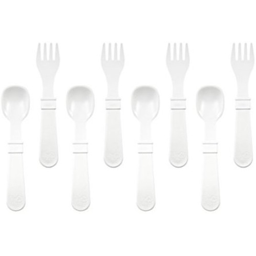 RE-PLAY Made in The USA White Eco Friendly Recycled Milk Jugs Grey |Glacier+ Sand 8pk Toddler Feeding Utensils Spoon and Fork Set Virtually Indestructible Ice Blue