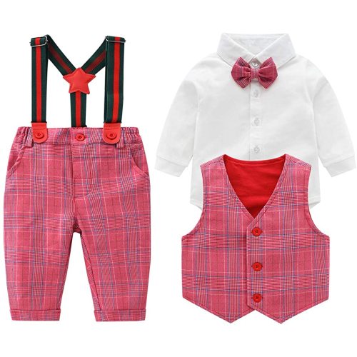 Infant Long Sleeve Shirt+Bib Pants+Bow Tie Vest Clothes Set Baby Boys Gentleman Outfits Suits