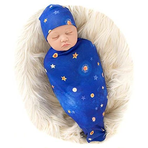 Navy Blue Dino Galabloomer Newborn Swaddle Blanket with Beanie Set Baby Boy Receiving Blanket