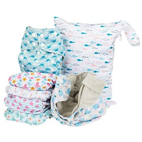 3 Sizes 5 Pcs Waterproof Reusable Wet Bag Diaper Baby Cloth Diaper Wet Dry Bags with 2 Zippered Pockets Travel Beach Pool Bag with Polar Bear Dinosaur Animal Alphabet Crocodile Pattern