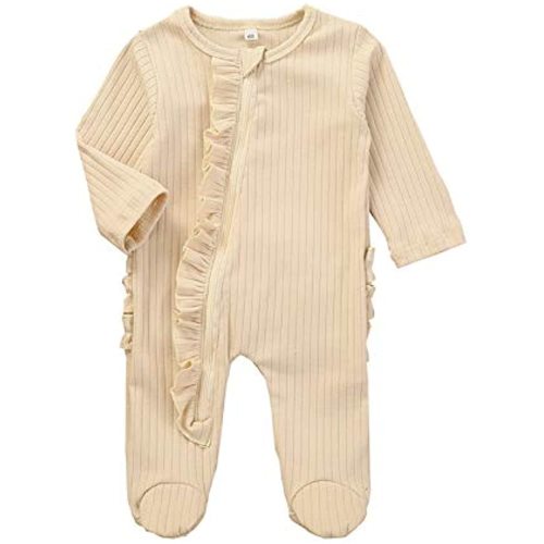 Newborn Baby Boy Girl Zipper Footed Pajamas Ribbed Ruffle One Piece Footie Romper Jumpsuits Sleeper Pjs