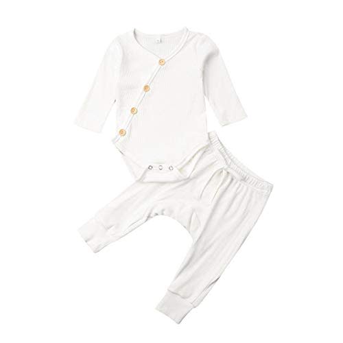 Newborn Unisex Baby Organic Cotton Kimono Onesies+Solid Pants-Basic Plain Rib Stitch Knitted Outfits Set