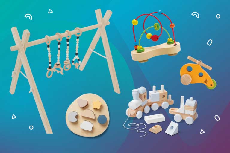 collage of wooden toys