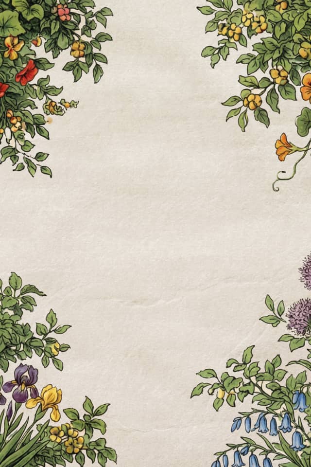 Engraved illustrations of trees sprouting with assorted flowers and other plants sit over a paper backdrop.