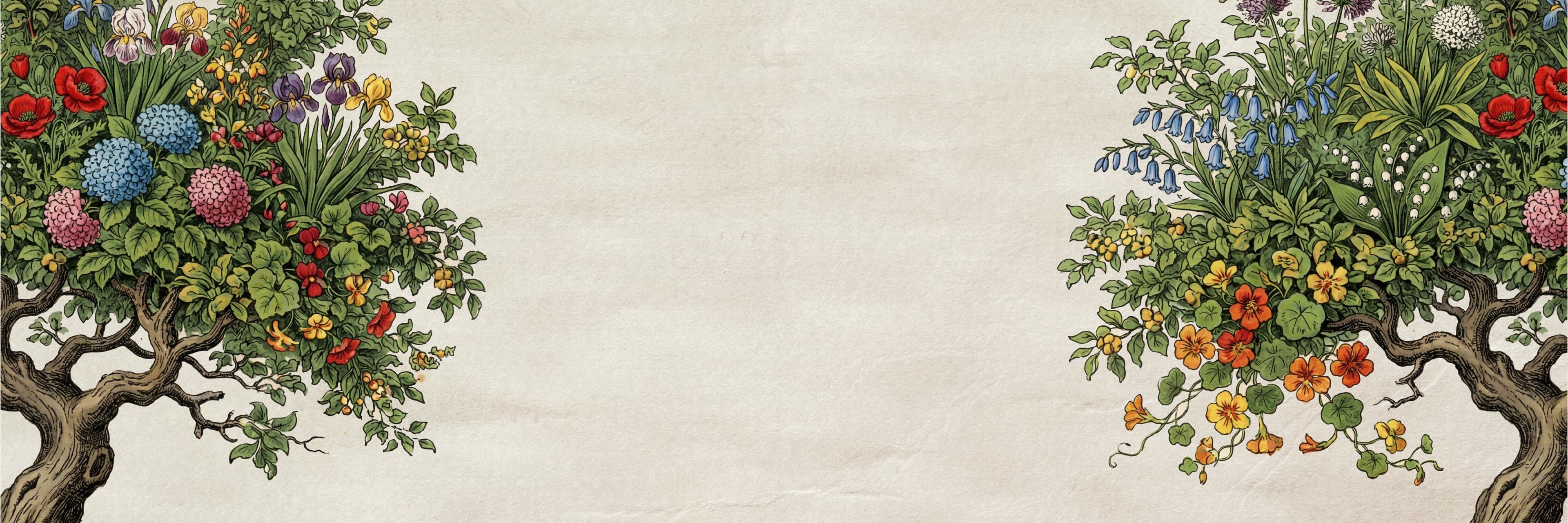 Engraved illustrations of trees sprouting with assorted flowers and other plants sit over a paper backdrop.