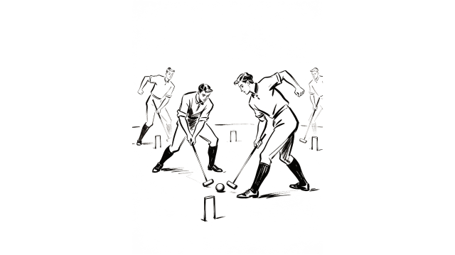 Four men playing Croquet