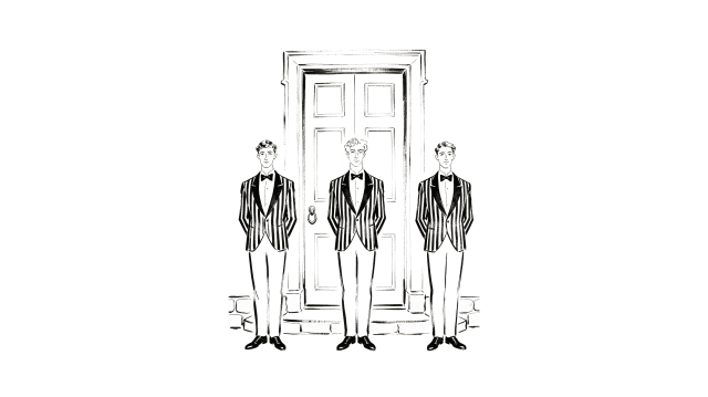 Three butlers in striped jackets wait by the door