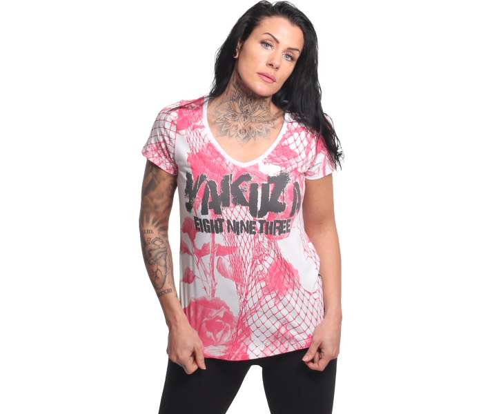 Tričko Yakuza Mesh Rose Curved V Neck