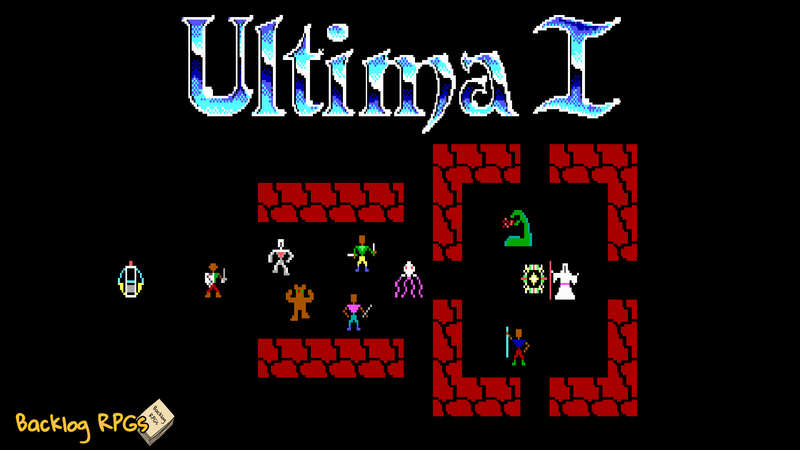 Banner art for Ultima 1, showing the main character fighting lots of enemies