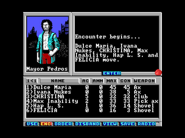 A screenshot that shows a hireable NPC, Mayor Pedros.