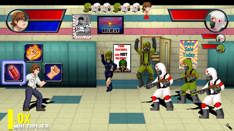 Shows a screenshot of Marty fighting three hood soldiers