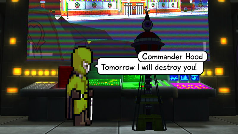 Shows a screenshot of the main antagonist, Commander Hood, making threats.