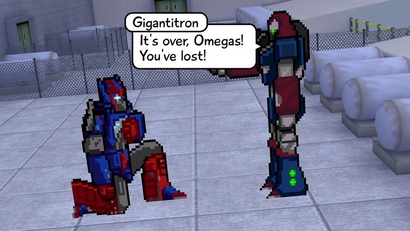 A screenshot that shows a fight between the robots Gitatron and Omegas.