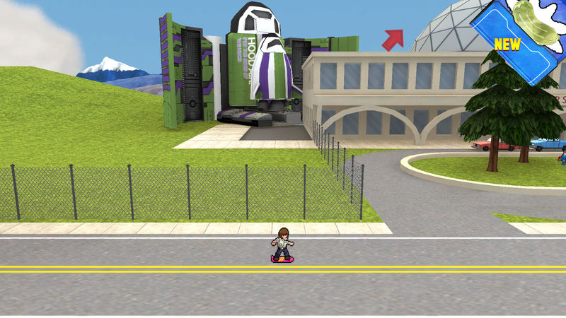 Shows a screenshot of the game with a spaceport on the background.