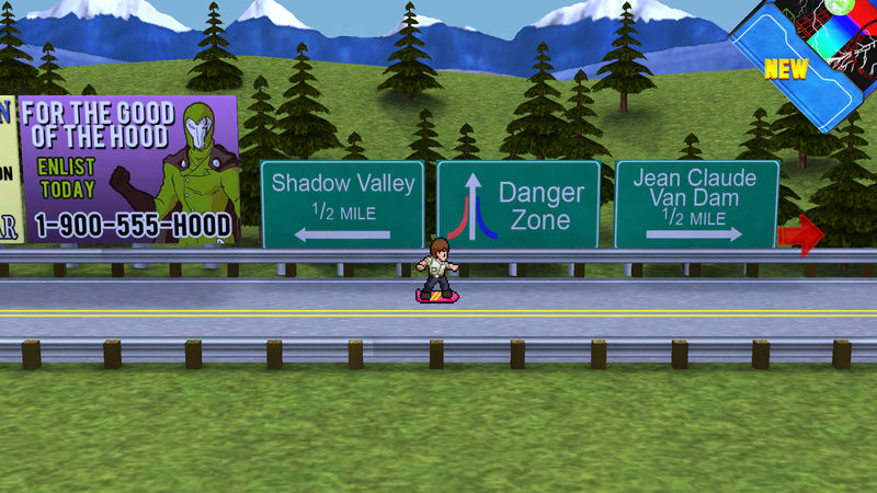 Shows a screenshot of the game in which the main character is on a road with publicity outdoors on the background.