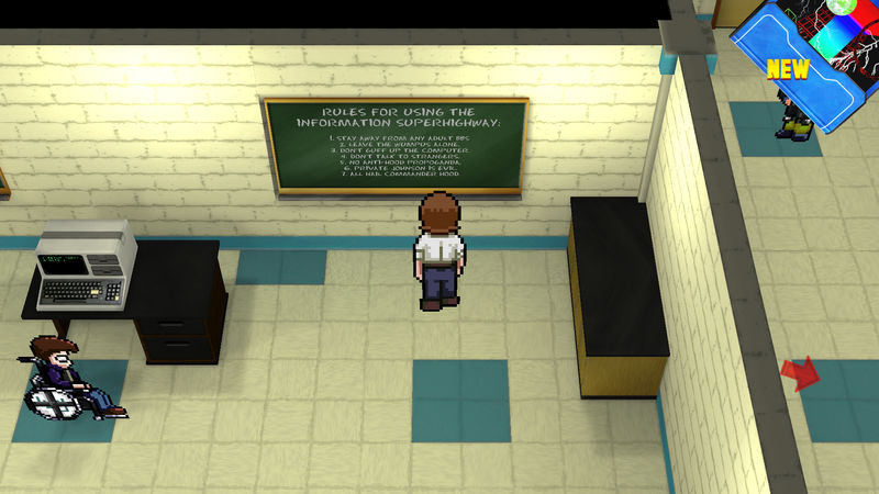 Shows a screenshot of the school, with the main character looking at a chalkboard